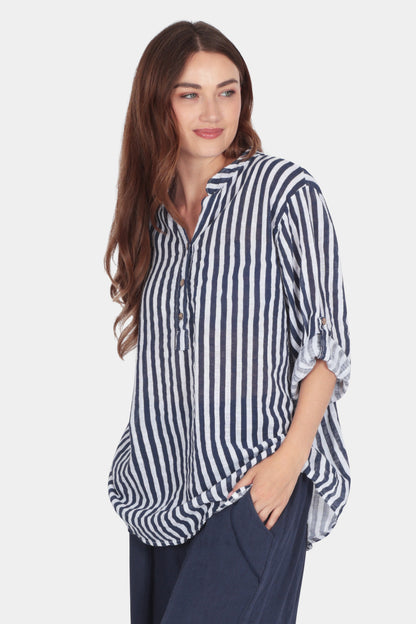 Cotton Stripe Henley Blouse