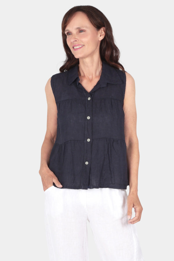 Tiered Sleeveless Linen Shirt