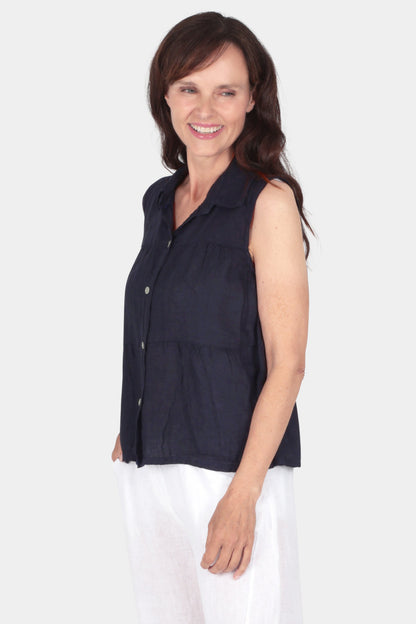 Tiered Sleeveless Linen Shirt