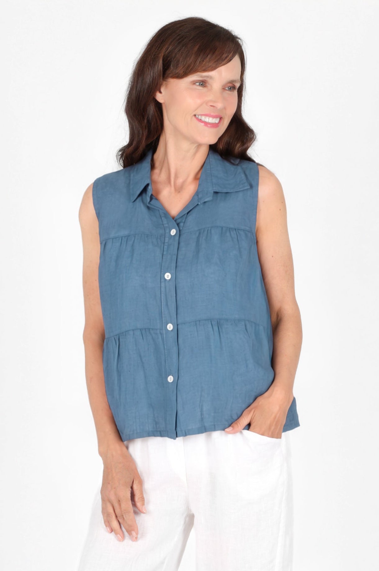 Tiered Sleeveless Linen Shirt