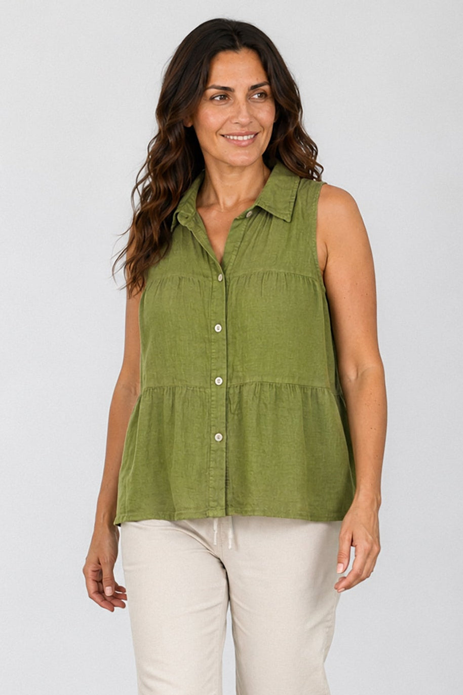 Tiered Sleeveless Linen Shirt