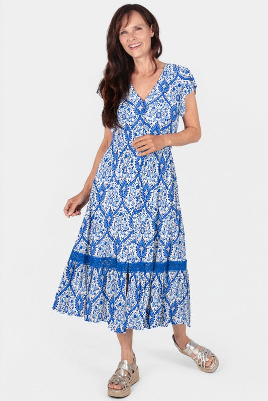 Lace Trim Button Front Midi Dress