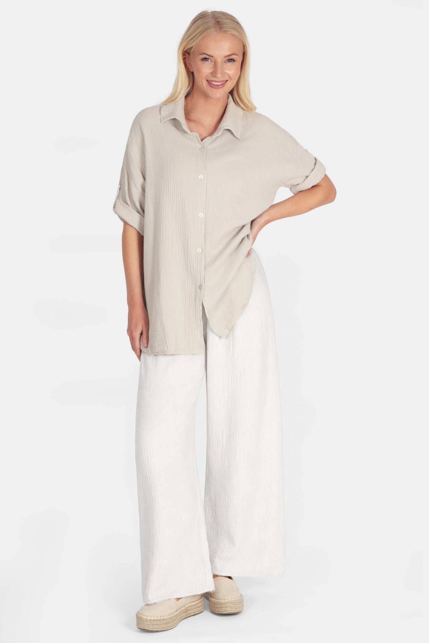 Straight Leg Textured Cotton Trousers