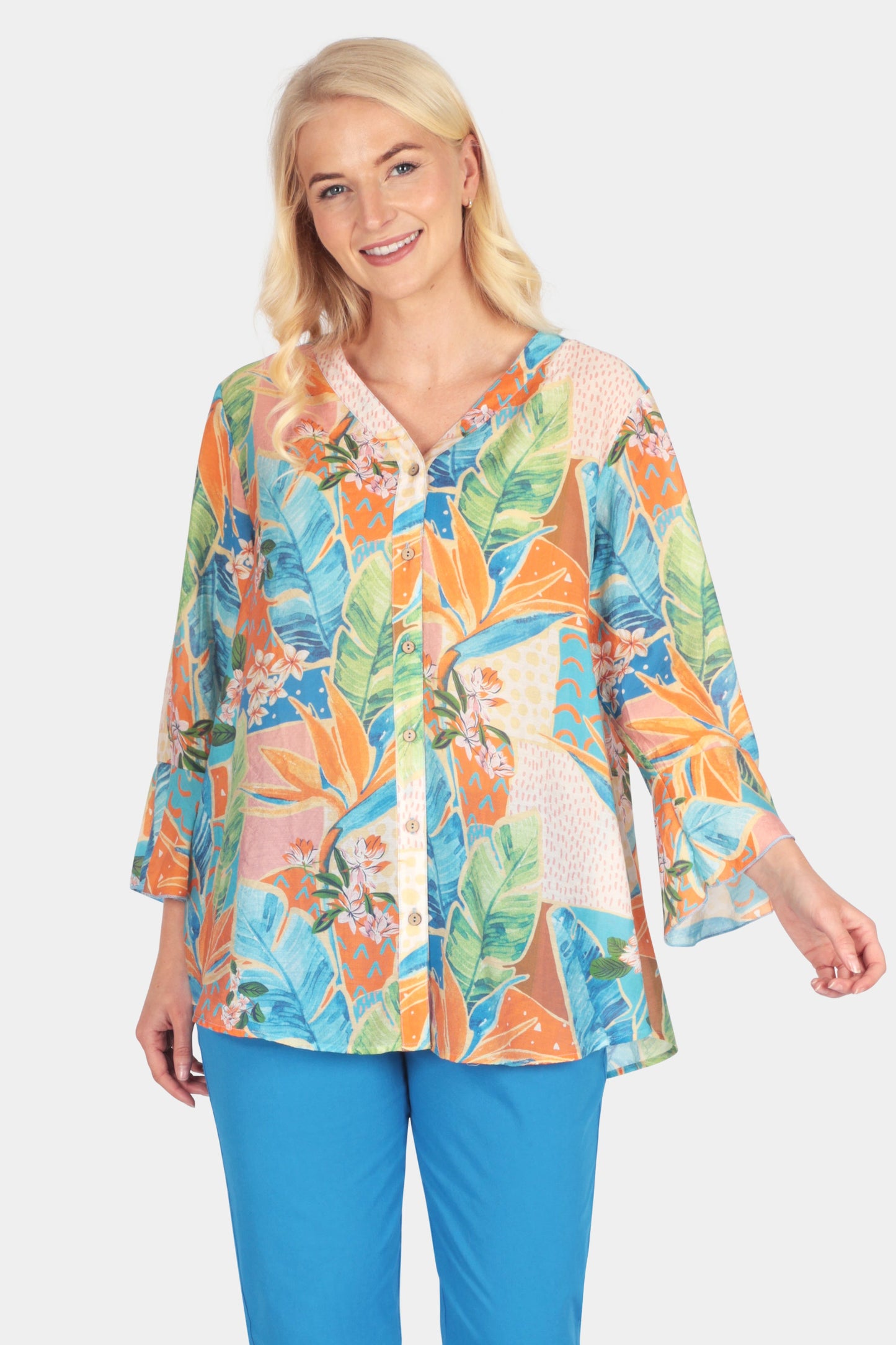 Tropical Art Print Bell Sleeve Shirt