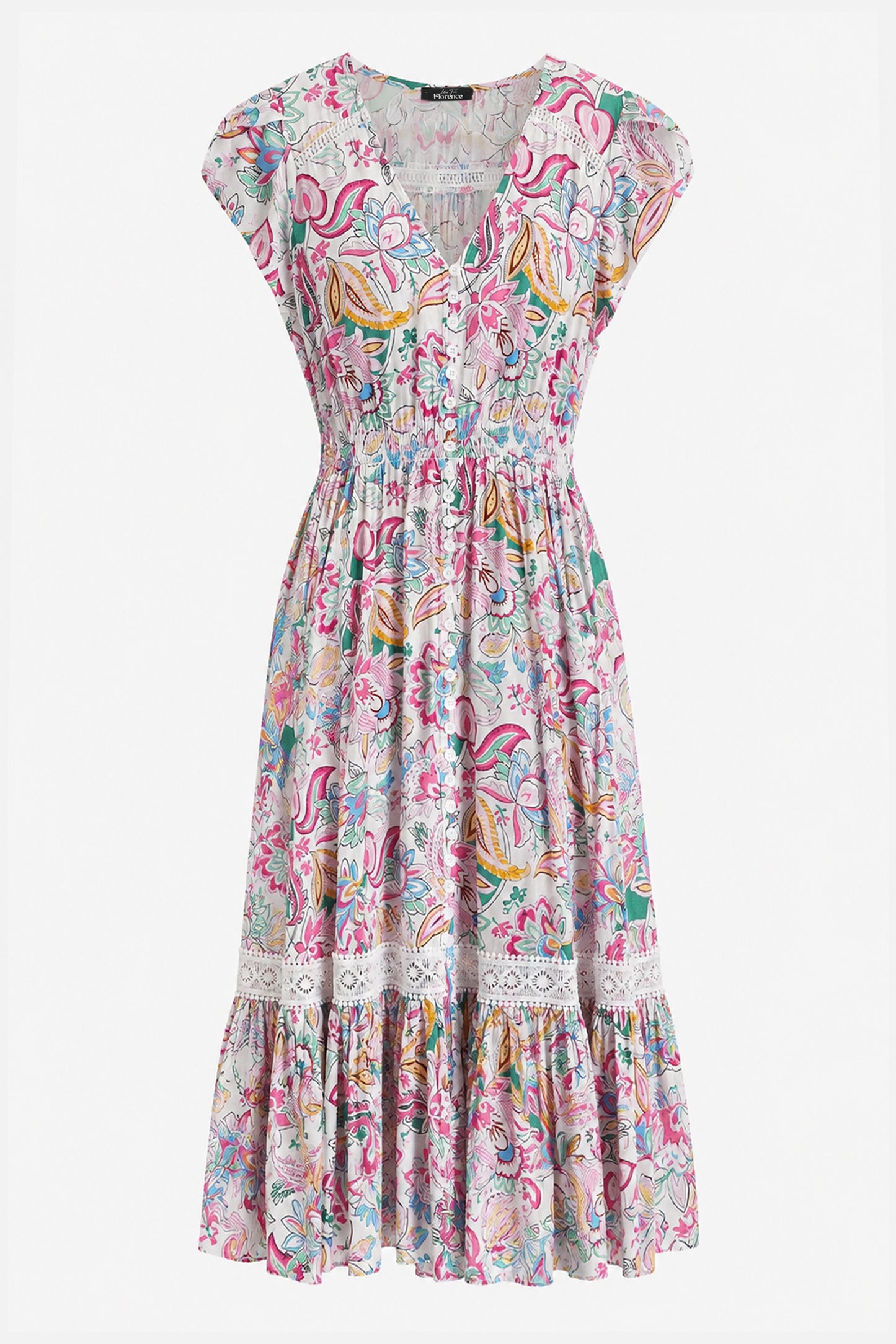 Lace Trim Button Front Midi Dress
