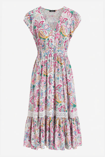 Lace Trim Button Front Midi Dress