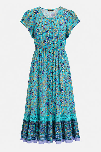 Lace Trim Button Front Midi Dress