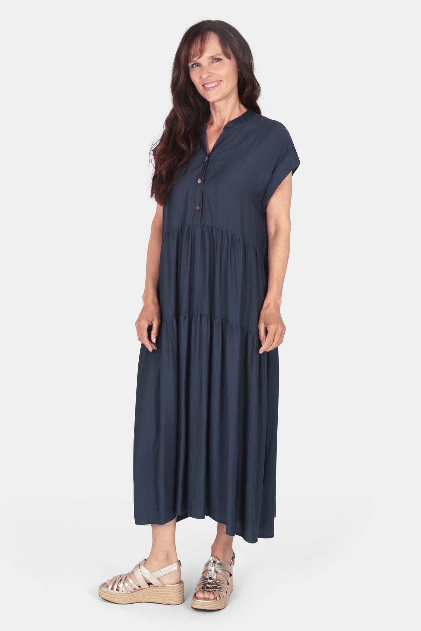 Tiered Button Neck Maxi Dress