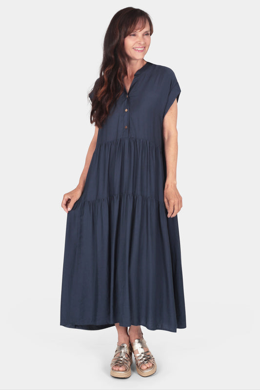 Tiered Button Neck Maxi Dress