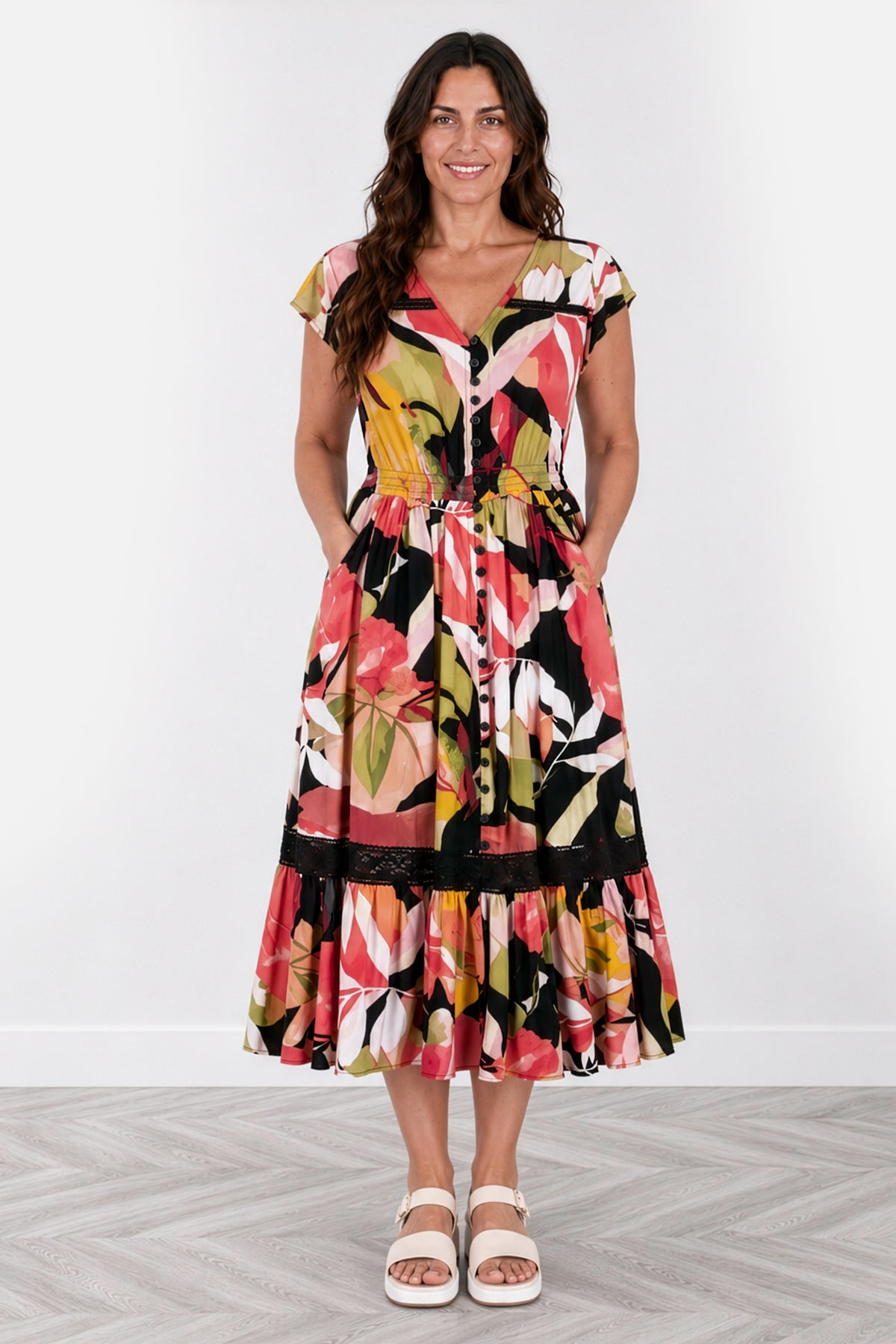 Lace Trim Button Front Midi Dress
