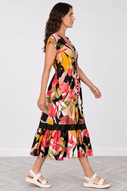 Lace Trim Button Front Midi Dress