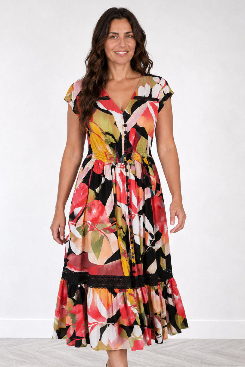 Lace Trim Button Front Midi Dress
