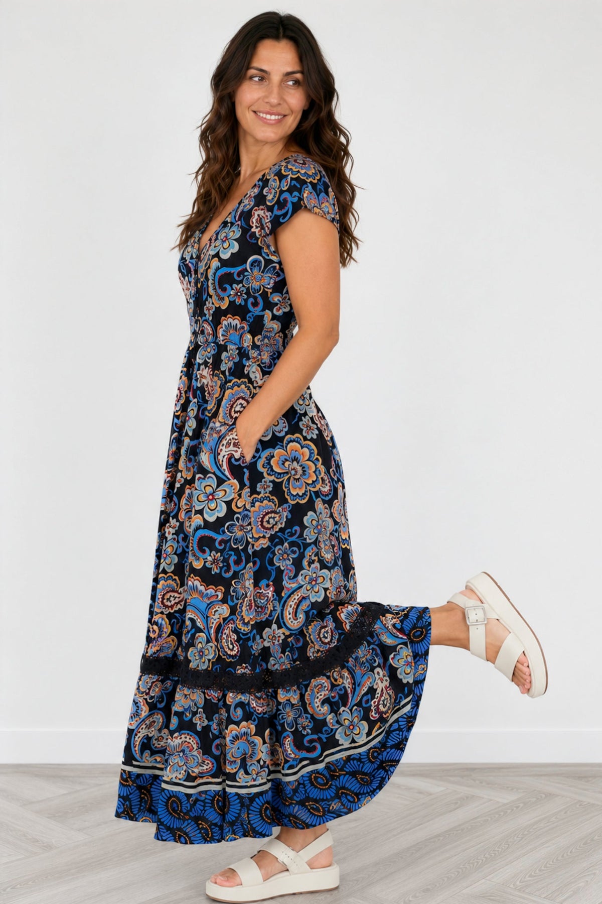Lace Trim Button Front Maxi Dress