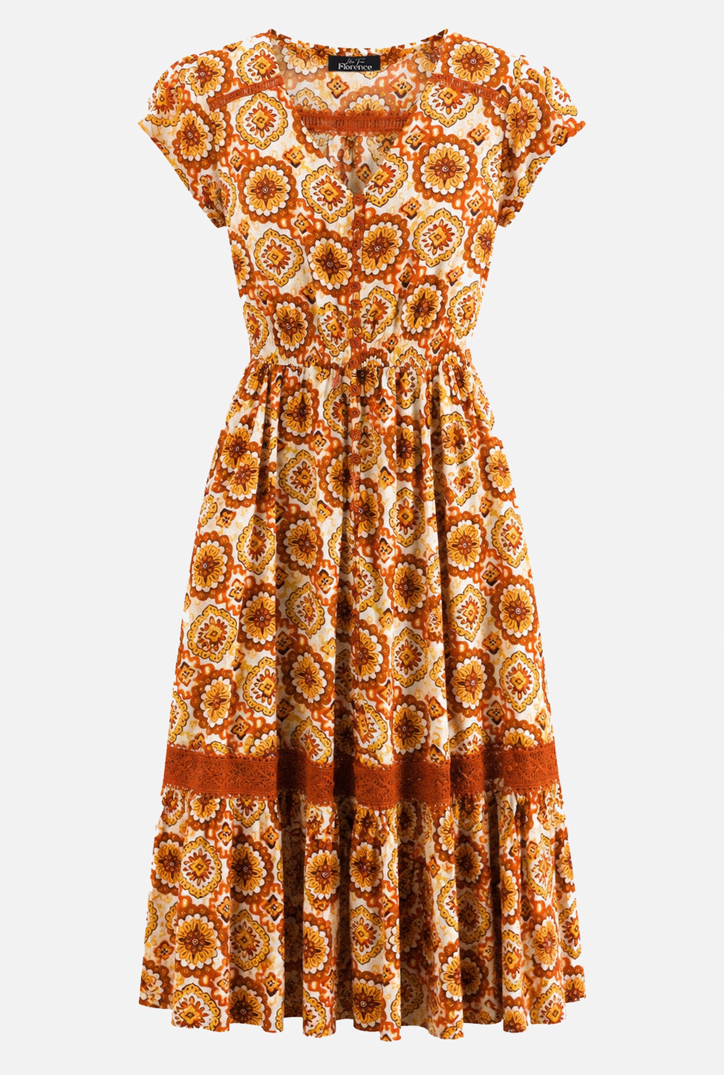 Lace Trim Button Front Midi Dress