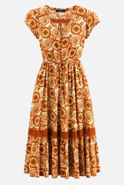 Lace Trim Button Front Midi Dress