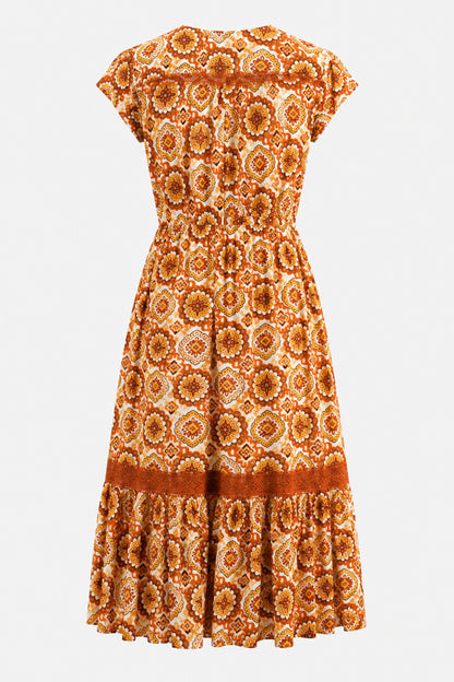 Lace Trim Button Front Midi Dress
