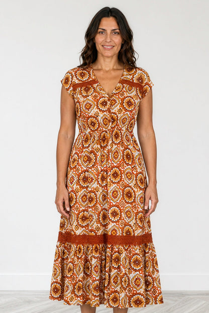 Lace Trim Button Front Midi Dress