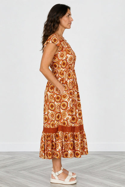 Lace Trim Button Front Midi Dress