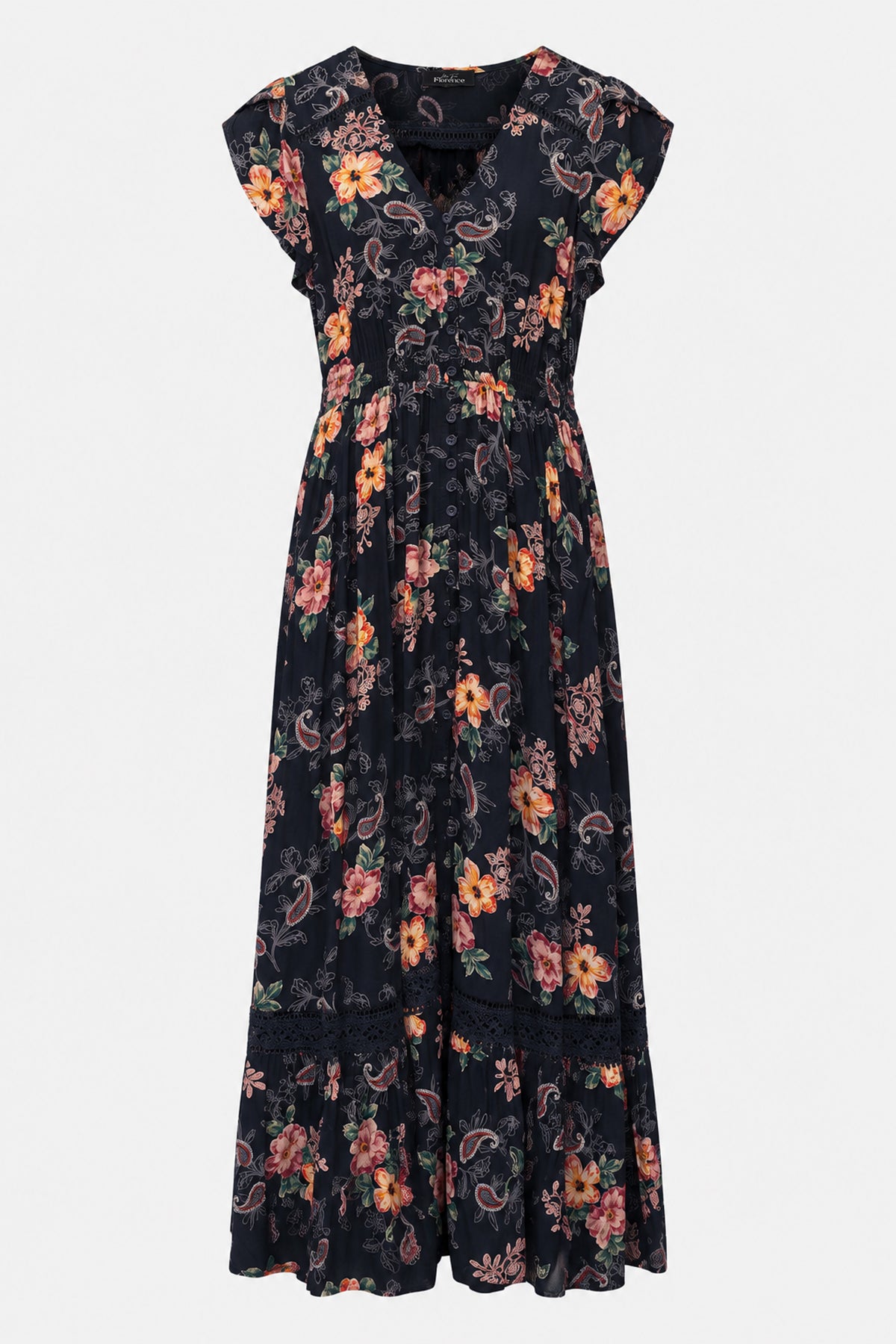 Lace Trim Button Front Maxi Dress