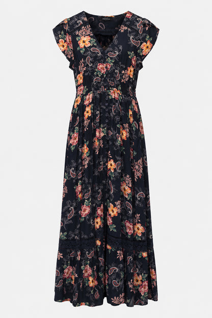 Lace Trim Button Front Maxi Dress