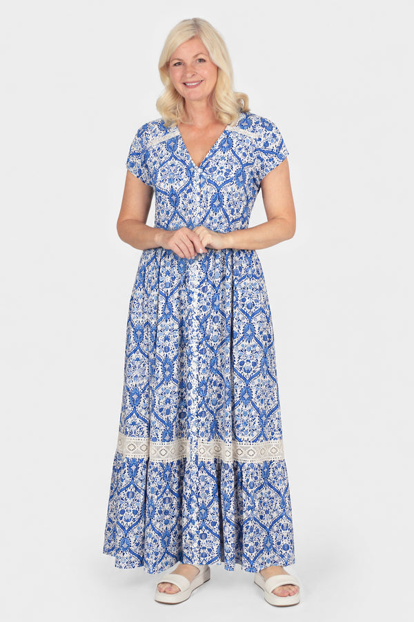 Lace Trim Button Front Maxi Dress