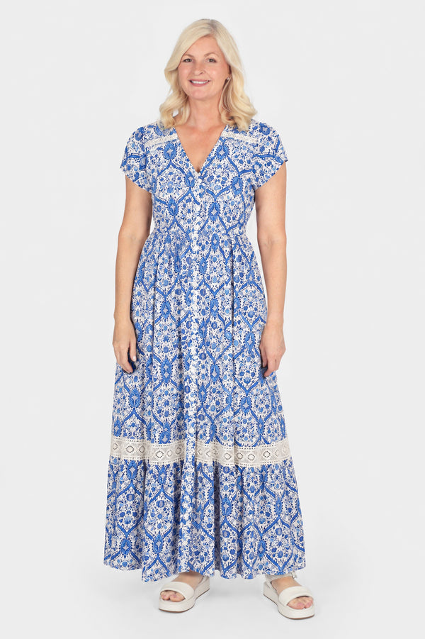 Lace Trim Button Front Maxi Dress