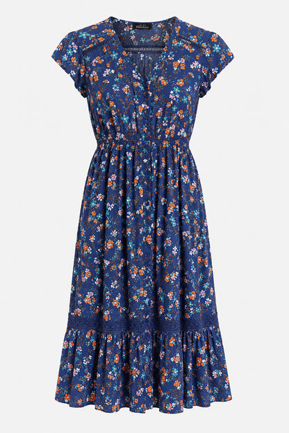 Lace Trim Button Front Midi Dress