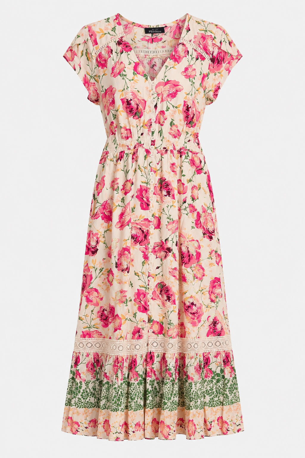 Lace Trim Button Front Midi Dress