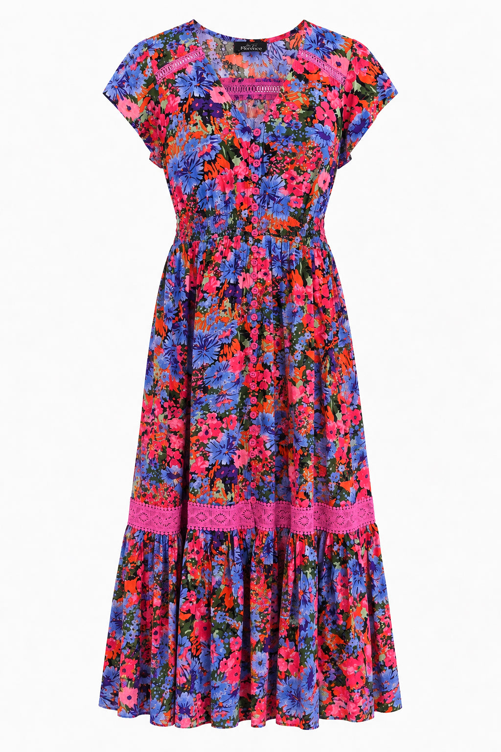 Lace Trim Button Front Midi Dress