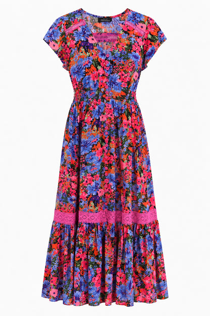 Lace Trim Button Front Midi Dress