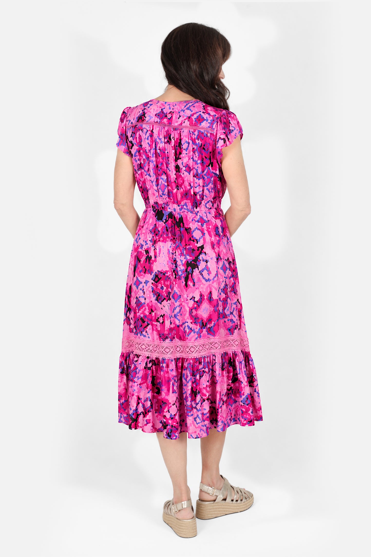 Lace Trim Button Front Midi Dress