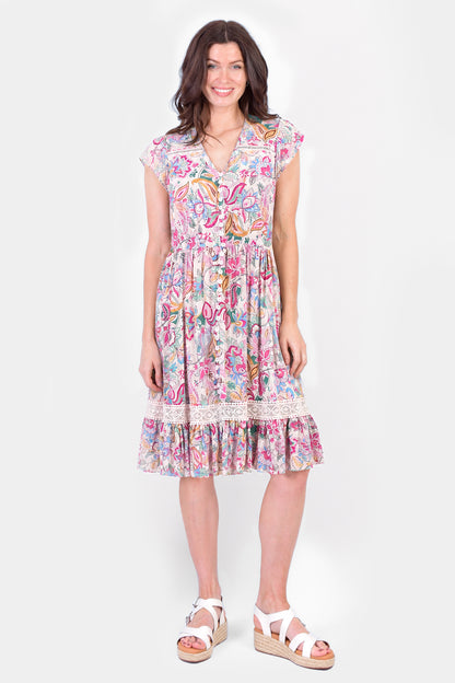Lace Trim Button Front Mini Dress