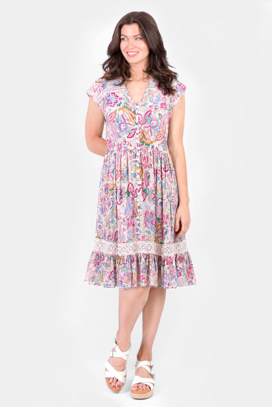 Lace Trim Button Front Mini Dress